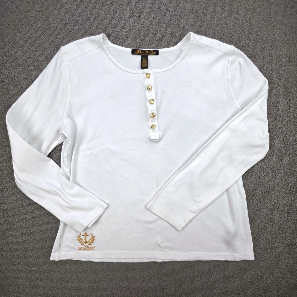 Lauren Ralph Lauren Henley Top Women White Gold Button Anchor Embroidery P/L